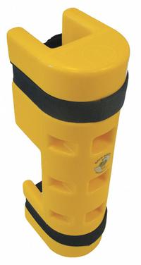 RACK SENTRY Pallet Rack Guard: Strap-On, On Upright, 3 in x 5 1/4 in x 18 in, Thermoplastic, Yellow (MPN RS75CO). Key specifications — Brand: RACK SENTRY; Mounting Location: On Upright; Includes: Beam Cutout; Color: Yellow; Material: Thermoplastic.