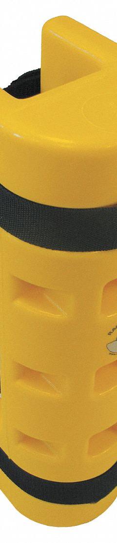 RACK SENTRY Pallet Rack Guard: Strap-On, On Upright, 3 in x 5 1/4 in x 18 in, Thermoplastic, Yellow (MPN RS75CO). Key specifications — Brand: RACK SENTRY; Mounting Location: On Upright; Includes: Beam Cutout; Color: Yellow; Material: Thermoplastic.