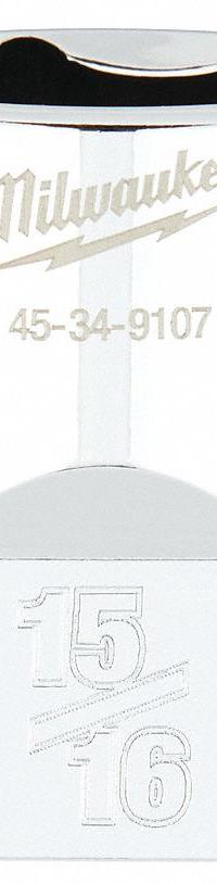 MILWAUKEE Standard Socket: SAE, 1/2 in Drive Size, 15/16 in Socket Size, 6-Point, Std, Chrome (MPN 45-34-9107). Key specifications — attr1204417: MILWAUKEE; attr1204392: Chrome.