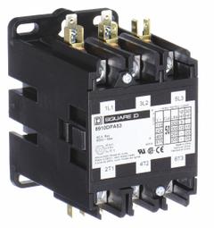 SQUARE D Definite Purpose Magnetic Contactor: 3 Poles, 24V AC, 50 A, Non-Reversing (MPN 8910DPA53V14). Key specifications — Brand: SQUARE D; Coil Voltage: 24V AC; Contactor Style: HVACR Definite Purpose Contactor; Terminal Connection Type: Quick-Disconnect Terminals; Maximum Voltage Rating: 600V AC; Series: 8910 Series Type DPA; Phase: Three; Main Pole Contact Form: 3NO.