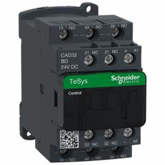 SCHNEIDER IEC Control Relay: DIN-Rail & Surface Relay Mounting, 24V DC Coil Volt, 3NO/2NC, 10 A (MPN CAD32BD). Key specifications — Brand: SCHNEIDER.