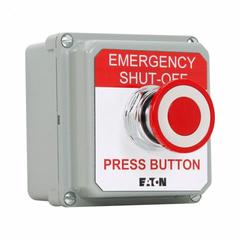 EATON Control Station: (2) Push Buttons/Emergency Stop, 0 Pilot Lights, 1NO/1NC, Emergency Stop (MPN 10250T5B62-S101). Key specifications — attr1022946: Emergency Stop; attr1022956: Red; attr211290: EATON; attr1089900: (2) Push Buttons.