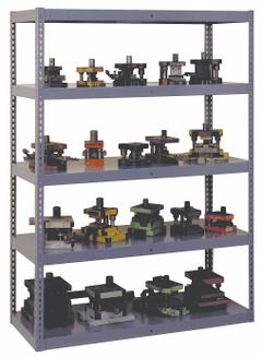 TENNSCO Boltless Shelving: Standalone, Extra-Heavy-Duty, 48 in x 24 in, 84 in Overall Ht, 5 Shelves (MPN RXHS-482484MED GR). Key specifications — Finish: Powder Coated; Maximum Post Load Capacity: 13,000 lb with Beam Evenly Spaced at 24 in; Decking Material: Steel; Color: Medium Gray; Beam Profile: Channel; Brand: TENNSCO; Side Panel: Open.