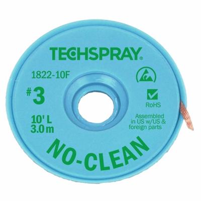 TECHSPRAY Desoldering Braid: No-Clean Flux, # 3, 0.075 in, 10 ft, Green - No-Clean Flux Desoldering Braids