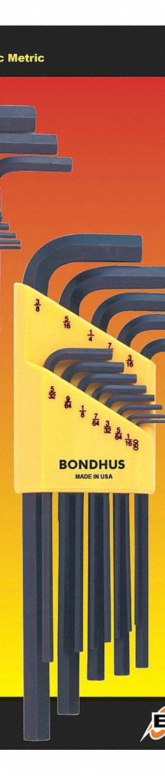 BONDHUS Hex Key Set: 16 or More Pieces, L, Metric and SAE, Std End, Long, 22 Pieces, Black Oxide (MPN 22199). Key specifications — attr1205553: Not Tether Capable; attr1205554: BONDHUS; attr1205568: Black Oxide; attr1293176: 16 or More Pieces.