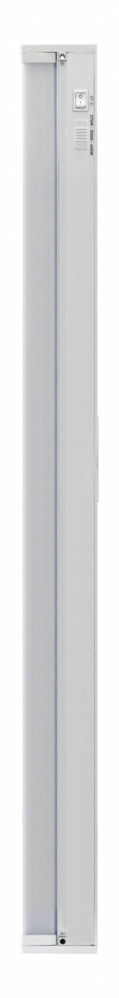 LED Under Cabinet: 36 in Lg, 1,900 lm, 2700K, 24 W, Hardwired, White, Plastic, 1 in Ht, 120V AC (MPN UNDCAB2A1900ST8SC236INWH). Key specifications — attr1262778: 120V AC; attr1262749: Hardwired; attr1262754: LED; attr1262758: Plastic; attr1262760: Yes; attr1262765: LED; attr1262776: On/Off; attr1262780: 2700K.