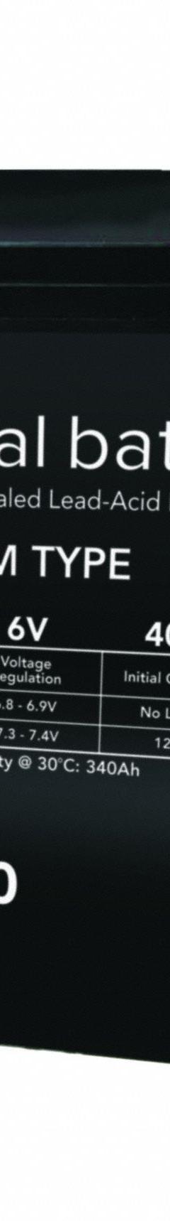 UPG Sealed Lead Acid Batteries: 6V DC, 400 Ah Capacity, 16.7 in Ht, 7 in Wd, 11.6 in Dp, Deep Cycle (MPN 40895). Key specifications — Terminal Connection: Dual Post - Auto Post/8mm Threaded Stud; Battery Cycle Type: Deep Cycle; Brand: UPG; Housing Material: ABS.