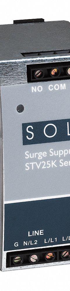 SOLAHD Surge Protection Device: Single Phase, 120V AC, 1 Poles, 2 + Ground Wires, L-G/L-N/N-G, 5kA (MPN STV25K10S). Key specifications — Voltage: 120V AC; Number of Wires: 2 Wires + Ground; Modes of Protection: L-G; Max. Continuing Operating Voltage: 150 V AC; Voltage Protection Rating: 500V (L-G, L-N, N-G); Short Circuit Current Rating: 5kA; Filtering: Yes; Enclosure Material: Metal.
