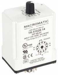 MACROMATIC Single Function Time Delay Relay: Socket Mounted, 24V AC/DC, 10 A, 11 Pins/Terminals (MPN TR-51628-14). Key specifications — Brand: MACROMATIC.