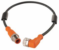 Cordset: M12 Male Right Angle X M12 Female Straight, 5 Pins, Black, PUR, 1 ft Cable Lg (MPN EVC015). Key specifications — Cable Jacket Color: Black; End 1 Gender: Male; End 1 Mounting Orientation: Right Angle; End 2 Gender: Female; End 2 Mounting Orientation: Straight; End 2 Connection Type: M12; IP Rating: IP68; Brand: IFM.