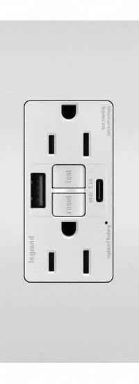 USB Receptacle: Duplex, 5-15R, 2 USB Ports, USB Type A/C, White, 125V AC, 15 A, GFCI (MPN 1597TRUSBACW). Key specifications — Brand: LEGRAND.