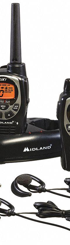 MIDLAND Handheld Two Way Radio: GXT Series, FRS/GMRS, Analog, 5 W, 50 Channels, Alphanumeric, 1 PR (MPN GXT1000VP4). Key specifications — Color: Black; FCC License Required: Yes.