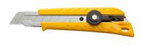 OLFA Utility Knife: 6 in Overall Lg, Rubberized, 8 Segments, 0 Blades Stored, Yellow, Plastic (MPN L-1). Key specifications — attr307932: Rubberized; attr307935: Yellow; attr307939: Plastic; attr307957: Straight; attr324893: OLFA.