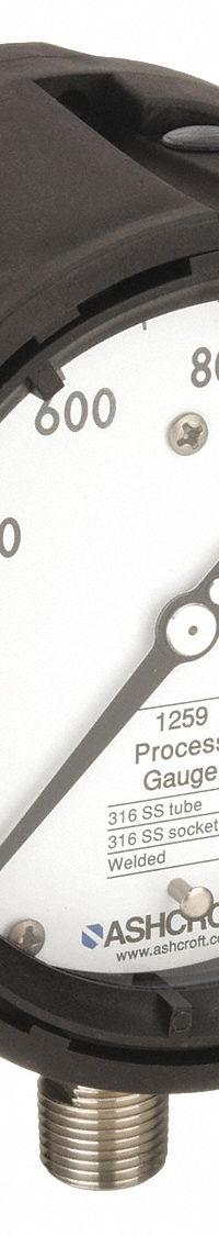 ASHCROFT Process Pressure Gauge: 0 psi to 1,500 psi, White, 4 1/2 in Dial, 1/2 in NPT Male, Bottom (MPN 451259SD04L1500#). Key specifications — Brand: ASHCROFT; Pointer Color: Black; Accuracy: ±0.5%; Dial Color: White; Gauge Wetted Parts: Stainless Steel; Case Material: PBT; Vibration Resistance Properties: None; Pressure Range: 0 psi to 1,500 psi.