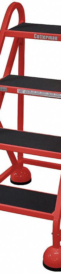 COTTERMAN Rolling Ladder: 3 ft Platform Ht, Assembled, Steel, Wt-Actuated Auto-Lock, Ribbed (MPN ST-400 A2 C6 P5). Key specifications — Includes Handrails: Handrails Not Included; Material: Steel; Brand: COTTERMAN; Color: Red.