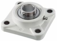 NTN 4 Bolt Flange Bearing: Radial Ball, 1 1/4 in Bore, Polymer, Set Screws, 4 41/64 in Lg, Square (MPN SUCFPL207-20). Key specifications — Bore Type: Cylindrical; Brand: NTN; Lubricant Material: FDA/USDA-H1 Solid Grease; Mounting Bolt Size: 1/2 in; System of Measurement: Inch; Included Bearing Cap: None.
