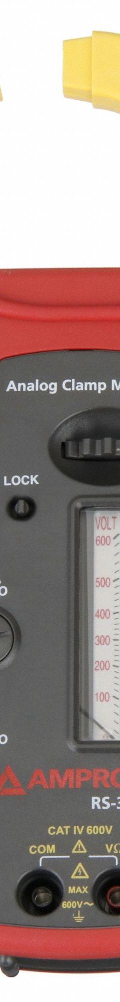 AMPROBE Analog Clamp Meter: Avg, CAT IV 600V, 300 A Max AC Current Measurement, Clamp Jaw (MPN RS-3 PRO). Key specifications — Calibration Certificate Included: No Certification Included; Safety Rating: CAT IV 600V; Brand: AMPROBE.