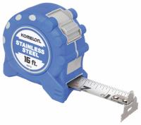 KOMELON Tape Measure: Nonmagnetic Double Hook Tip, 16 ft, Plastic with Rubberized Grip, Blue (MPN SS116). Key specifications — attr935324: KOMELON; attr942259: Blue; attr935326: Double-Sided; attr935328: 1/16 in; attr935329: Inches; attr935337: SAE; attr936607: Manual Lock; attr972446: Inch.
