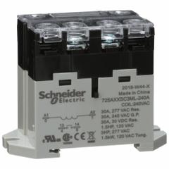 SCHNEIDER Enclosed Power Relay: DIN-Rail & Surface Mounted, 30 A Current Rating, 240V AC, SPST-NO (MPN 725AXXSC3ML-240A). Key specifications — attr211321: SCHNEIDER; attr864602: DIN Rail & Top Flange; attr864634: Screw Terminal; attr864642: 725AXXSC3ML-240A; attr869492: 30 A at 240V AC (Resistive Load); attr934629: Harmony™ 725 Power Series.