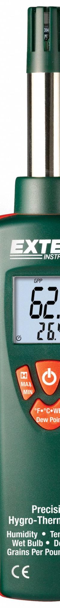 EXTECH Hygro Thermometer: Onboard, 7.8 in x 1.7 in x 1.3 in, -22°F to 199°F (MPN RH490). Key specifications — Brand: EXTECH; Calibration Certificate: Not Included.