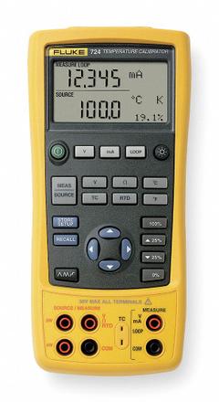 FLUKE Handheld Temperature Calibrator: -328°F to 4,532°F /-200°C to 800°C, -10mV DC to 100mV DC (MPN Fluke-724). Key specifications — Brand: FLUKE; For RTD Type: Pt 500 (385); Parameters Measured: Voltage.
