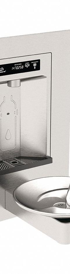HAWS Drinking Fountain: In-Wall, Non-Refrigerated, Push Button Fountain & Touchless Bottle Filler (MPN 1001HS). Key specifications — Brand: HAWS; Housing Material: Stainless Steel; Filter Access: Rear Access Only; Housing Finish: Satin; Chilling Capacity: Non-Refrigerated; Housing Color: Silver.