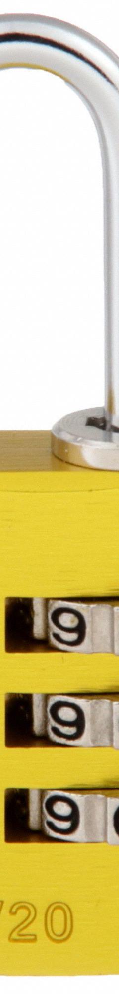 ABUS Combination Padlock: Scrolling Combo, Yellow, Aluminum, Std Shackle, Steel Shackle (MPN 145/20 Yellow). Key specifications — Dial Color: Silver; Brand: ABUS.