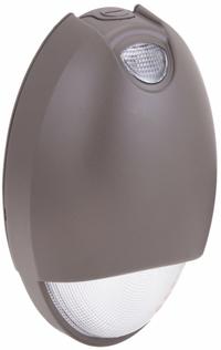 Emergency Light: 3 W Lamp Watt, 6 W Emergency Watt, 100 to 300V AC, 2 Lamp Heads, Aluminum, Surface (MPN CUWZ-PC). Key specifications — Input Voltage: 100 to 300V AC; Housing Material: Aluminum; Mounting Type: Surface; Housing Color: Brown; Lighting Technology: LED; CA Title 20 Compliant: Yes; Environmental Rating: Wet Location Rated; IP Rating: Not Rated.