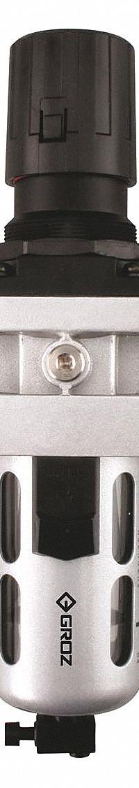 GROZ Filter-Regulator: Intermediate Duty Series, 3/8 in NPT, 77 cfm, 40 micron, 7 psi to 145 psi (MPN FRC149234-S). Key specifications — attr109419: GROZ; attr109429: Aluminum; attr109463: No; attr109467: Nitrile; attr109468: Intermediate Duty.