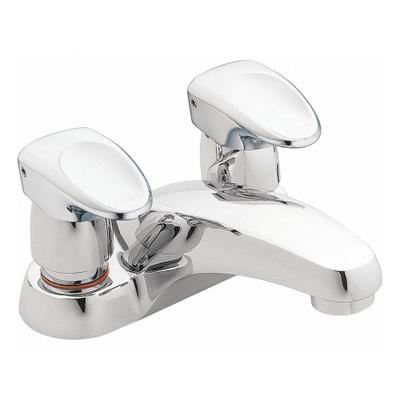 MOEN Low Arc Bathroom Faucet: M-Press, Centerset, Brass, Chrome Finish, 0.5 gpm Flow Rate - Centerset Push-Button Metering Bathroom Faucets