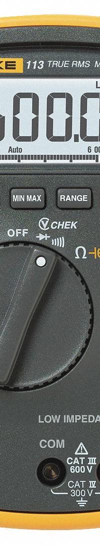 FLUKE Digital Multimeter: TRMS, CAT III 600V/CAT IV 300V, 600 V Max AC Volt Measurement (MPN FLUKE-113-NIST). Key specifications — Instrument Counts: 6,000; Brand: FLUKE; Calibration Certificate Included: Included.