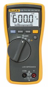 FLUKE Digital Multimeter: TRMS, CAT III 600V/CAT IV 300V, 600 V Max AC Volt Measurement (MPN FLUKE-113-NIST). Key specifications — Instrument Counts: 6,000; Brand: FLUKE; Calibration Certificate Included: Included.