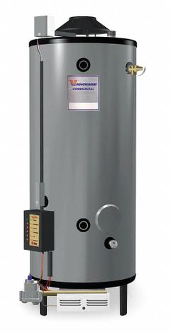 RHEEM-RUUD Commercial Gas Water Heater: Natural Gas, 65 gal, 360,000 BTU, 70.69 in Ht (MPN G65-360A). Key specifications — Display Sell UOM: EA; Market: Commercial; Standards: GAMA; Brand: RHEEM-RUUD; Low NOx: No; Water Connection Location: Top; Fuel Type: Natural Gas; Included Valves: Drain.