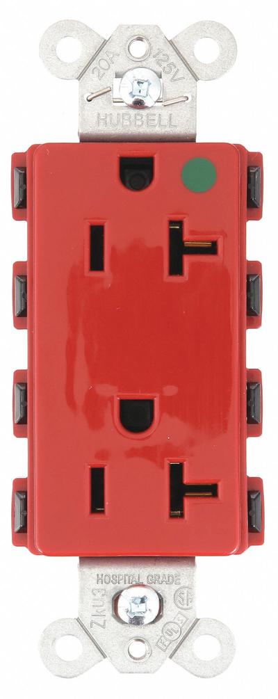 HUBBELL Receptacle: Hospital Grade Fed. Spec., Decorator Duplex, 5-20R, Red, 125V AC - General Purpose Receptacles