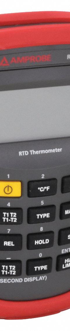 AMPROBE RTD Thermometer: -328°F to 1,472°F, ±0.05% + 0.4°F/0.2°C Accuracy, 1 Channels (MPN RTD-10). Key specifications — Accuracy: ±0.05% + 0.4°F/0.2°C; Testing Functions: Min/Max Temperature; Brand: AMPROBE.