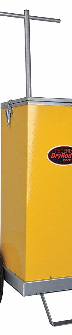 DRYROD Electrode Oven: Portable, with Wheels, 120/240V AC, 50 lb Storage Capacity, Yellow (MPN 1205520). Key specifications — Color: Yellow; Brand: DRYROD; Manufacturer Part Number: 1205520; Input Voltage (Nominal): 120V.