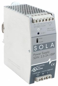 SOLAHD DC Power Supply: DIN Rail, 60 W Output Power - Rated, 2.5 A Current - Output, Single Phase (MPN SDN2.524100P). Key specifications — attr1044898: Single; attr1044874: Metal; attr1044879: 90 to 375V DC; attr211400: SOLAHD.