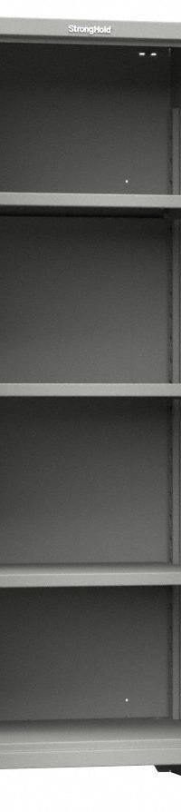 STRONG HOLD Storage Cabinet: 30 in x 24 in x 75 in, Swing Handle & Padlock Hasp, 14 ga Panel Thick (MPN 2.66-243-L). Key specifications — attr62698: Medium Gray; attr62736: Welded; attr87895: Legs; attr62693: Assembled; attr62694: (3) Adjustable; attr62695: Painted; attr62696: Steel; attr62689: STRONG HOLD.