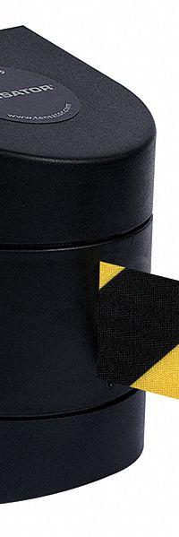 TENSABARRIER Retractable Belt Barrier: Hose Clamp Mounting Plate/Wire Clip, 15 ft Belt Lg, Pattern (MPN 897-15-C-33-NO-D4X-A). Key specifications — Frame Color: Black; Brand: TENSABARRIER; Belt Color: Black/Yellow.