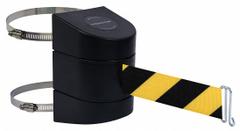 TENSABARRIER Retractable Belt Barrier: Hose Clamp Mounting Plate/Wire Clip, 15 ft Belt Lg, Pattern (MPN 897-15-C-33-NO-D4X-A). Key specifications — Frame Color: Black; Brand: TENSABARRIER; Belt Color: Black/Yellow.