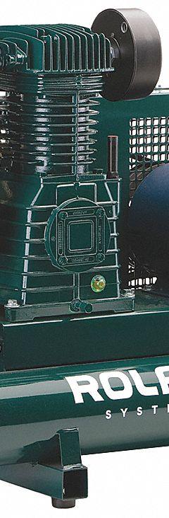 ROLAIR Portable Air Compressor: Quiet, Splash Lubricated, 9 gal, Wheelbarrow, 5 hp, 240V AC, 28 A (MPN 5230K30-0095). Key specifications — attr48686: Splash Lubricated; attr48685: 240V AC; attr48689: 23.10 cfm; attr48678: 28 A; attr48688: Accessory Support Clip; attr48671: ROLAIR; attr124308: Quiet (less than 75 dBA).