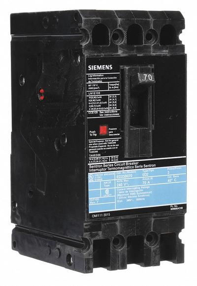 Siemens Molded Case Circuit Breaker: 70 A Amps, 10kA at 240V AC, Fixed, Load Side Lug - ED-Frame Siemens Molded Case Circuit Breakers