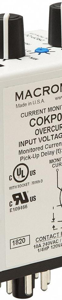 MACROMATIC Monitor Relay: Socket Mounted, 10 A Current Rating, 120V AC, Overcurrent, Pin (MPN COKP05A62-G). Key specifications — Series: COKP Series; Electrical Connection: Pin; Monitored Parameters: Overcurrent; Mounting Style: Plug-In; Trip Point: 0.5 to 5 A; Trip Point Type: Adjustable; Brand: MACROMATIC.
