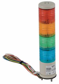 SCHNEIDER Tower Light Assembly: 4 Tier, Blue/Green/Orange/Red, No Sounder Tier, 40 mm Overall Dia (MPN XVC4B4K). Key specifications — Manufacturer Part Number: XVC4B4K; Brand: SCHNEIDER; Operating Voltage: 24V; Light Tier Color: Green.