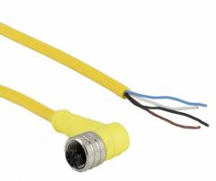 Cordset: M12 Female Right Angle X Bare Wire, 4 Pins, Yellow, PVC, 10 m Cable Lg, 4 A Max Current (A) (MPN 804001A09M100). Key specifications — Cable Jacket Color: Yellow; End 1 Gender: Female; End 1 Mounting Orientation: Right Angle; End 2 Connection Type: Bare Wire; IP Rating: IP68; Brand: BRAD HARRISON; NEMA Rating: 6P; Wire Size: 22 AWG.