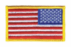 HEROS PRIDE Embroidered Patch: Reverse/U.S. Flag, 3 3/8 in x 2 in, Gold, Plastic, Sew-On, Flag (MPN 0041). Key specifications — attr1074238: Sew-On; attr188498: 3-3/8 in x 2 in; attr188499: Gold; attr188500: Plastic; attr188503: U.S. Flag; attr193746: HEROS PRIDE.