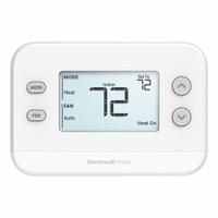 RESIDEO Thermostat: Heat and Cool, Auto and Manual, C/G/K/L/O/B/R/RC/W/Terminal Designations, +/-1°F (MPN TH1110U4000). Key specifications — Application: Heat and Cool; Temperature Differential: +/-1°F; Voltage: 24V AC; Terminal Designations: Y; System Settings: Auto-Heat-Cool-Off; Temperature Control Range: 50° to 99°F Cool; Changeover Type: Automatic and Manual; Shape: Rectangle.