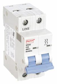 DAYTON IEC Supplementary Protector: 2 A Amps, 7.5kA at 480V AC, Screw Clamp, NDB2-63, 480V AC, C (MPN 5ZVA2). Key specifications — Terminal Connection: Screw Clamp; AC Voltage Rating: 480V AC; Curve Type: C; DC Voltage Rating: Not Rated; Max. AIR Rating: 7.5kA at 480V AC; Series: NDB2-63; Brand: DAYTON.