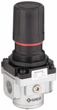 GROZ Compressed Air Regulator: Aluminum, 1/2 in NPT, 140 cfm, 7 psi to 145 psi, Knob (MPN R15934). Key specifications — attr111664: No; attr111400: Standard Duty; attr111627: GROZ.