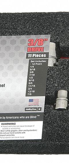ABILITY ONE Socket Set: 3/8 in Drive, 11 Piece, 12-Point, SAE, 1/4 in to 7/8 in (MPN 5120-01-429-3575). Key specifications — attr1224269: 3/8 in; attr1204685: Tether Ready; attr1204650: 1/4 in to 7/8 in; attr1204673: Socket Bits Not Included; attr1204688: ABILITY ONE; attr1206170: Standard Sockets.